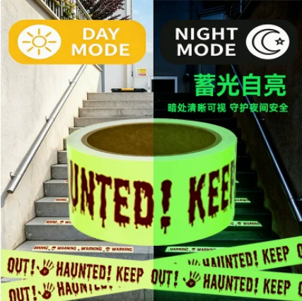 Halloween-waarschuwingstape, gloeiend/geel in het donker, 3m, niet-klevend, voor binnen- en buitenvergaderingen, tuin, Halloween-decoratie