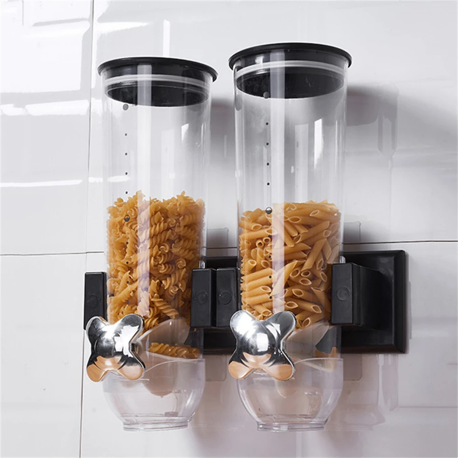 Wall-mounted 2 Barrel Cereal Dispenser, Food Grain Storage Tanks, Cereal Distributor with 2 Cups, Coffee Beans Rice Container