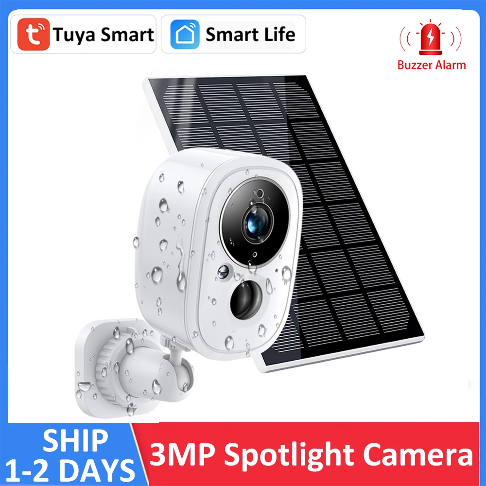 Tuya 3MP WiFi Battery Solar Power Outdoor Security PIR Motion Detect Spotlight Color Night Vision CCTV Surveillance Siren Camera