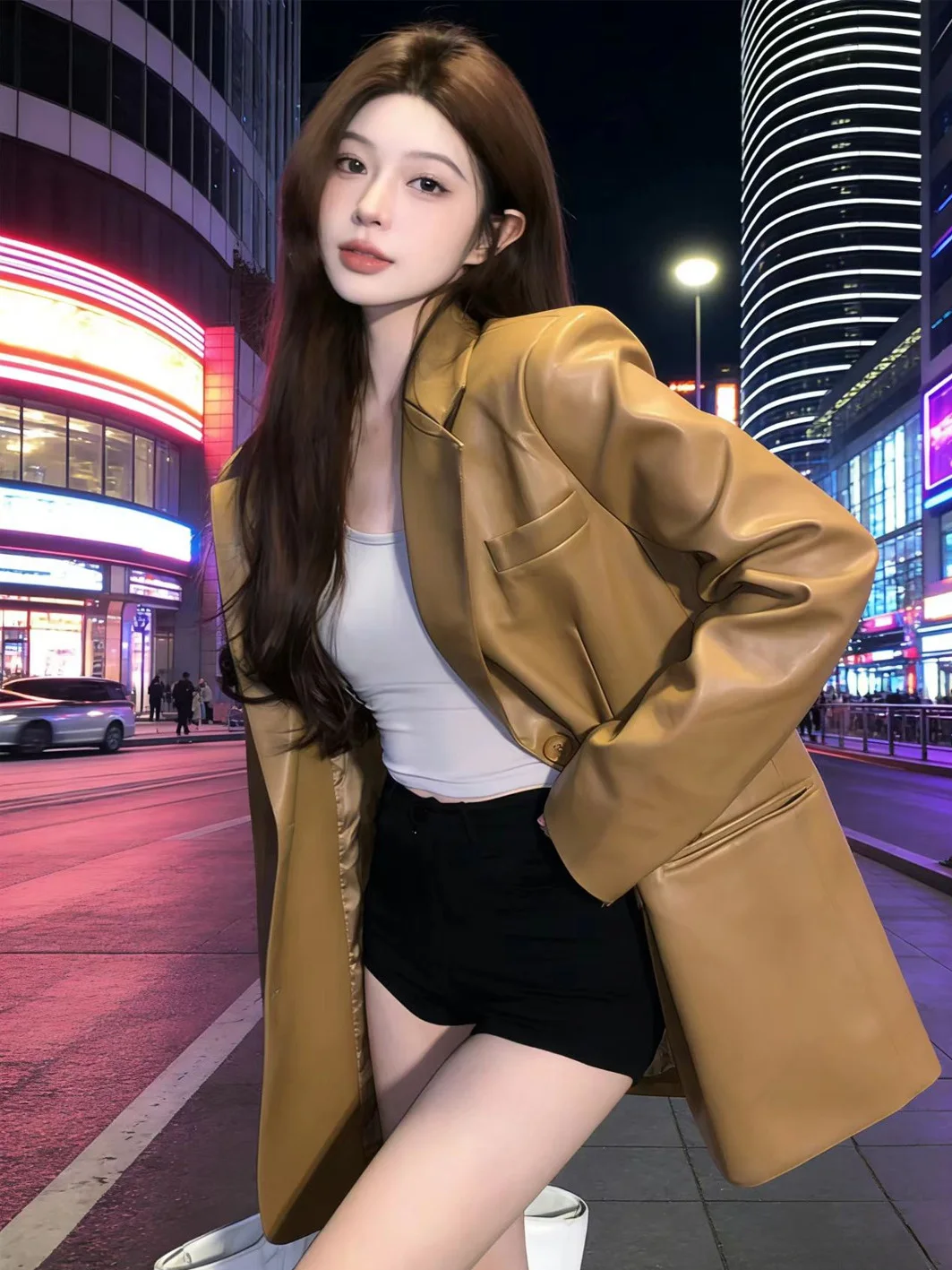 

Fashionable Retro Women's Leather Jacket Suit Outerwear Merald Style 2026 New High-End Trendy Top Quality Polyester Fiber
