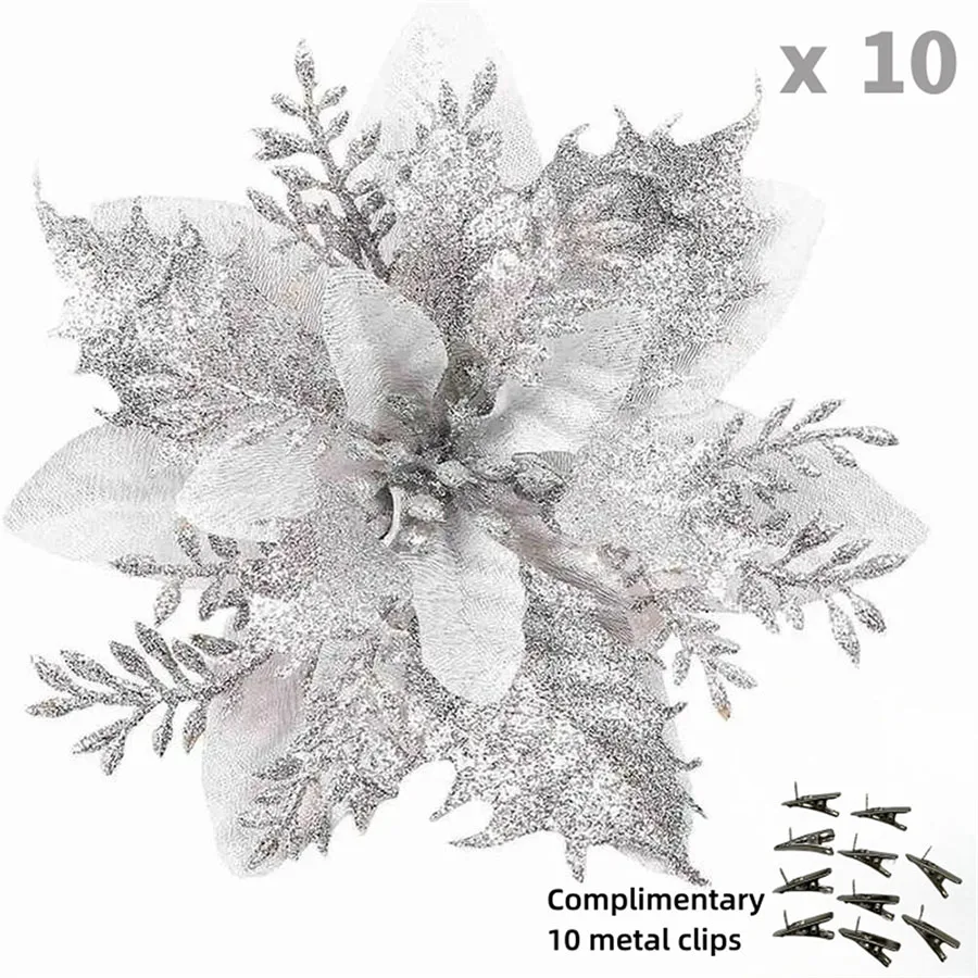 10 Stück 14cm Glitzer-Weihnachtssterne Künstliche Blumen mit Clips DIY Weihnachtsbaum-Ornamente Kranz Kamin-Dekorationen – Detail 12