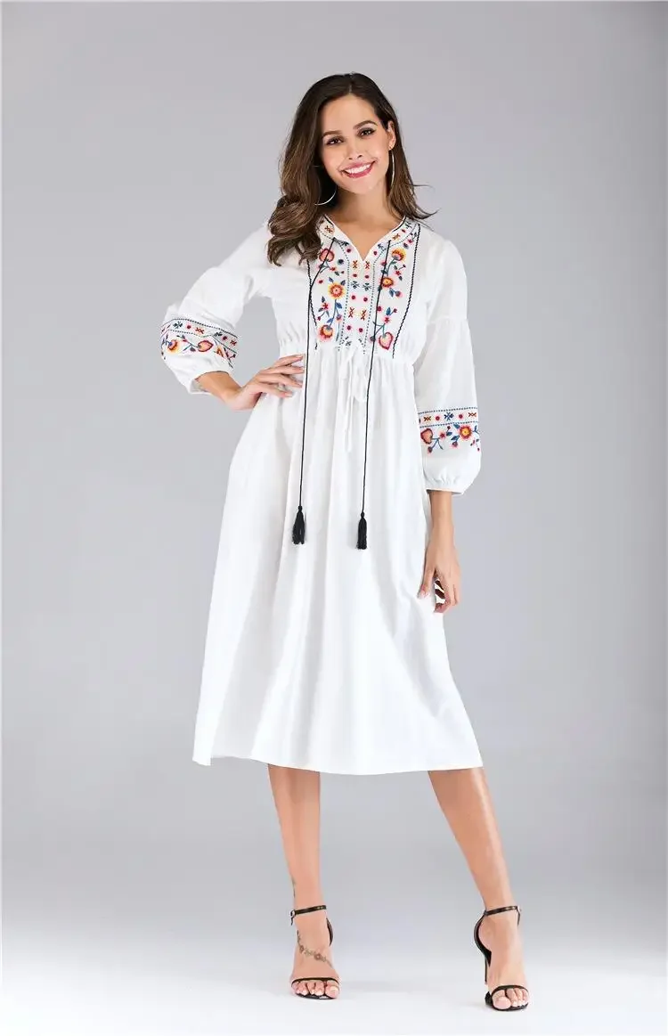 Ukrainian Embroidered Women Dress Vyshyvanka Boho Ethnic Summer Dress For Women Hippie Dresses Drawstring V-neck Wrist Sleeve