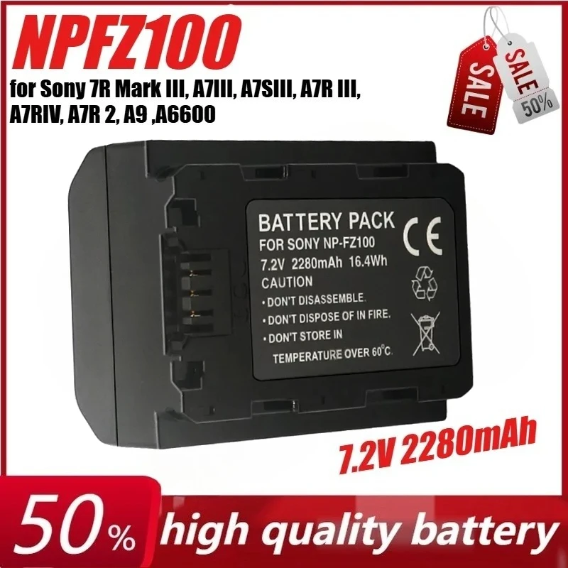 

NPFZ100 NP-FZ100 7.2V 2280mAh Battery for Sony 7R Mark III, A7III, A7SIII, A7R III, A7RIV, A7R 2, A9 ,A6600 Camera
