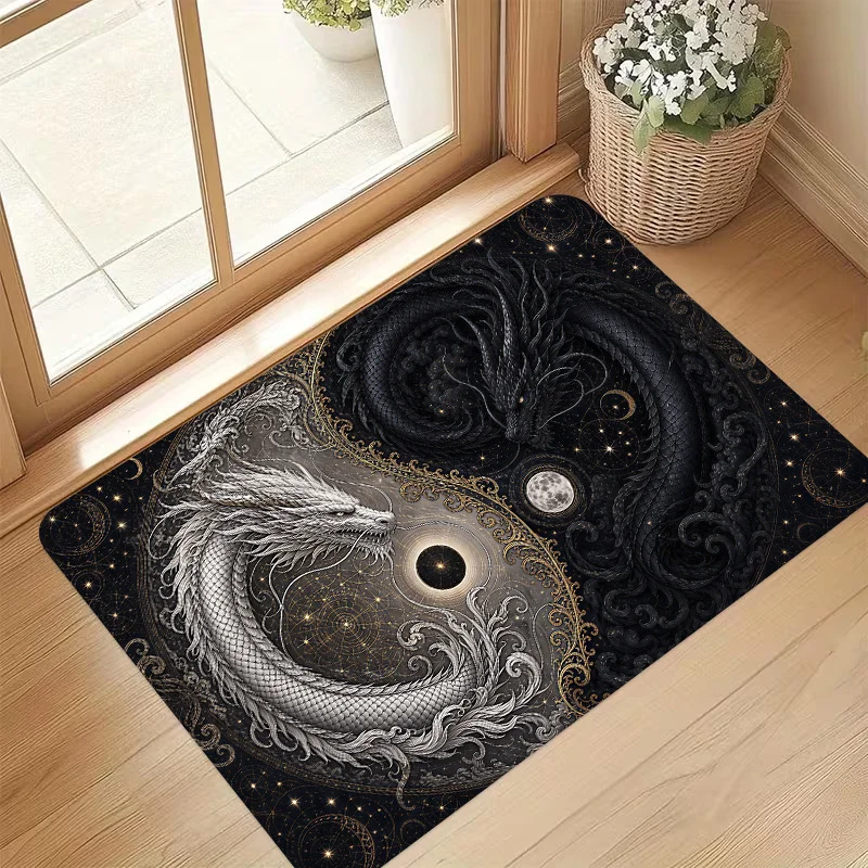 Yin Yang Black White Dragon Celestial Star Moon Doormat Rug Vintage  Dragon Print Mat for Entryway Front Door Home Decor