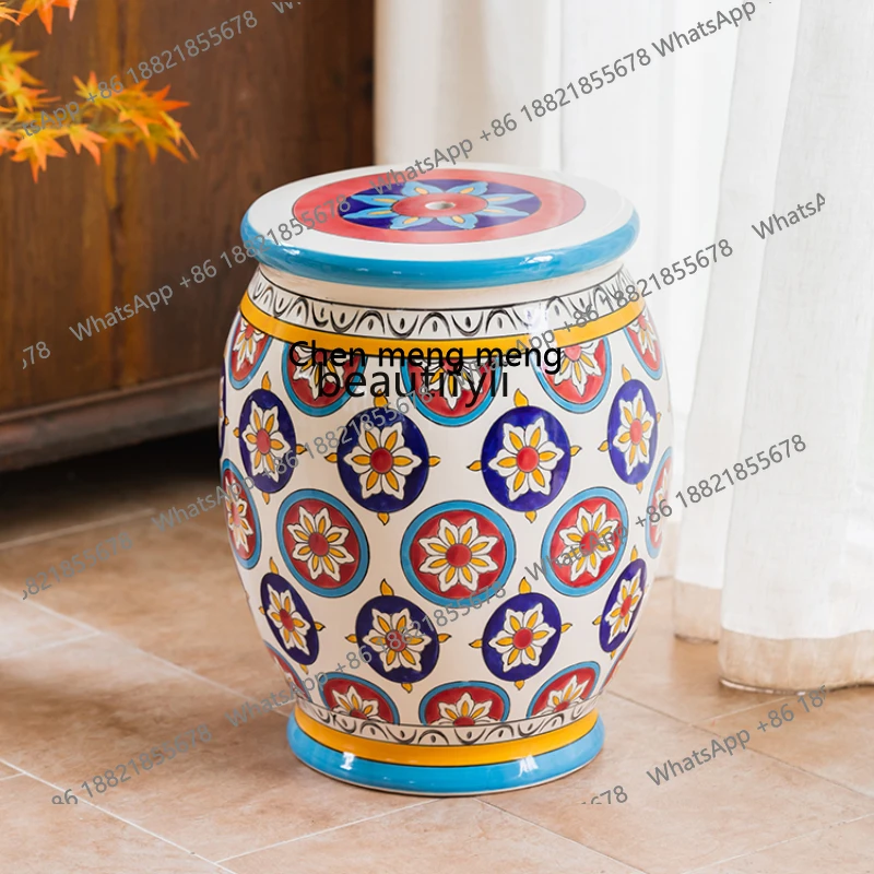 

X Porcelain Hand Painted Drum Stool Entry Door Hallway Shoe Changing Stool Living Room Sofa Side Table round Stool Painted