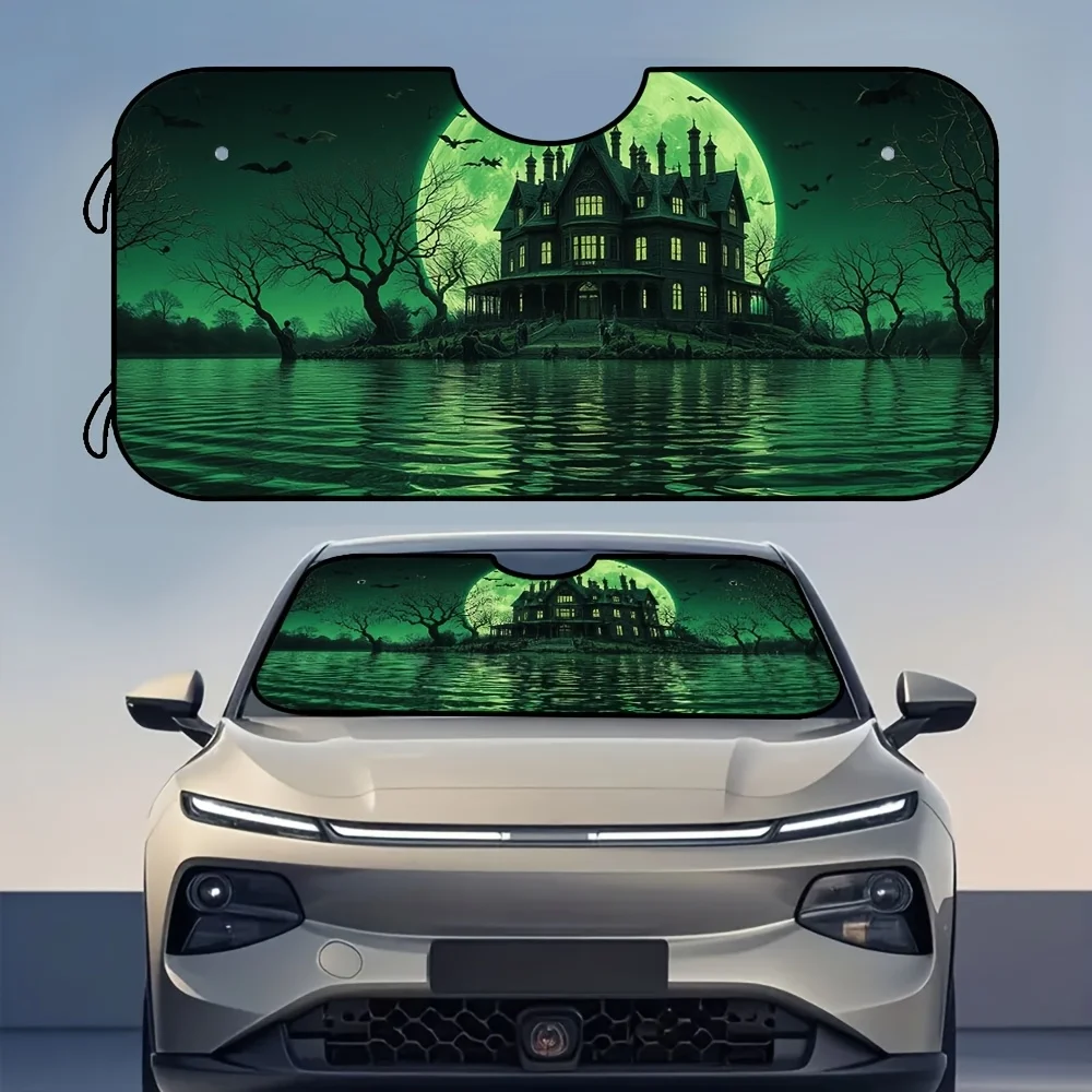 

1pc, Foldable Halloween Windshield Sunshade, With Spooky Haunted House Fullmoon Night Halloween Artwork, Ideal For Autumn Road T