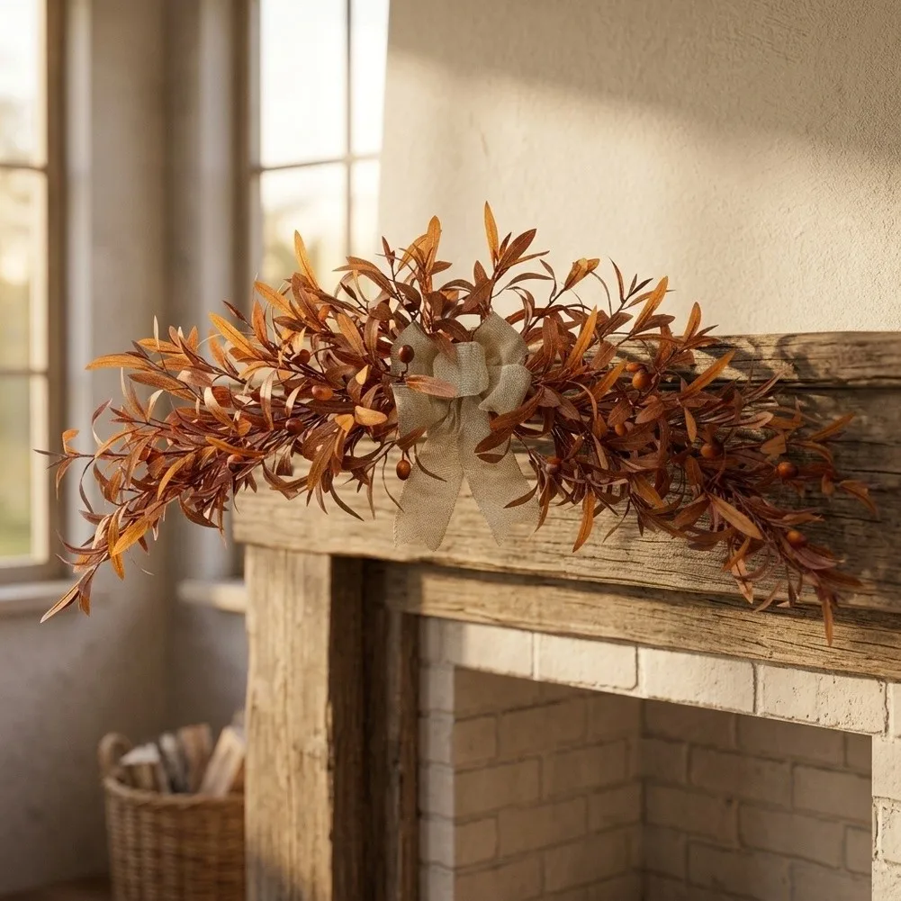 Coffee Brown Autumn Wreath 80 cm Realistic Olive Ornaments Layered Elongated Leaves Hanging Swag for Doors Mantels