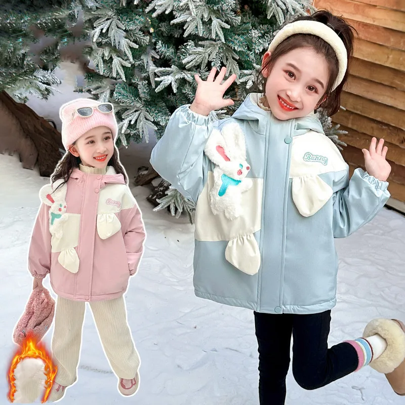 4-10T Girls Parkas Plus Cotton Warm Winter Coat 2024 New Cute Cartoon Rabbit Patchwork Hooded Children'S Clothing Jacket