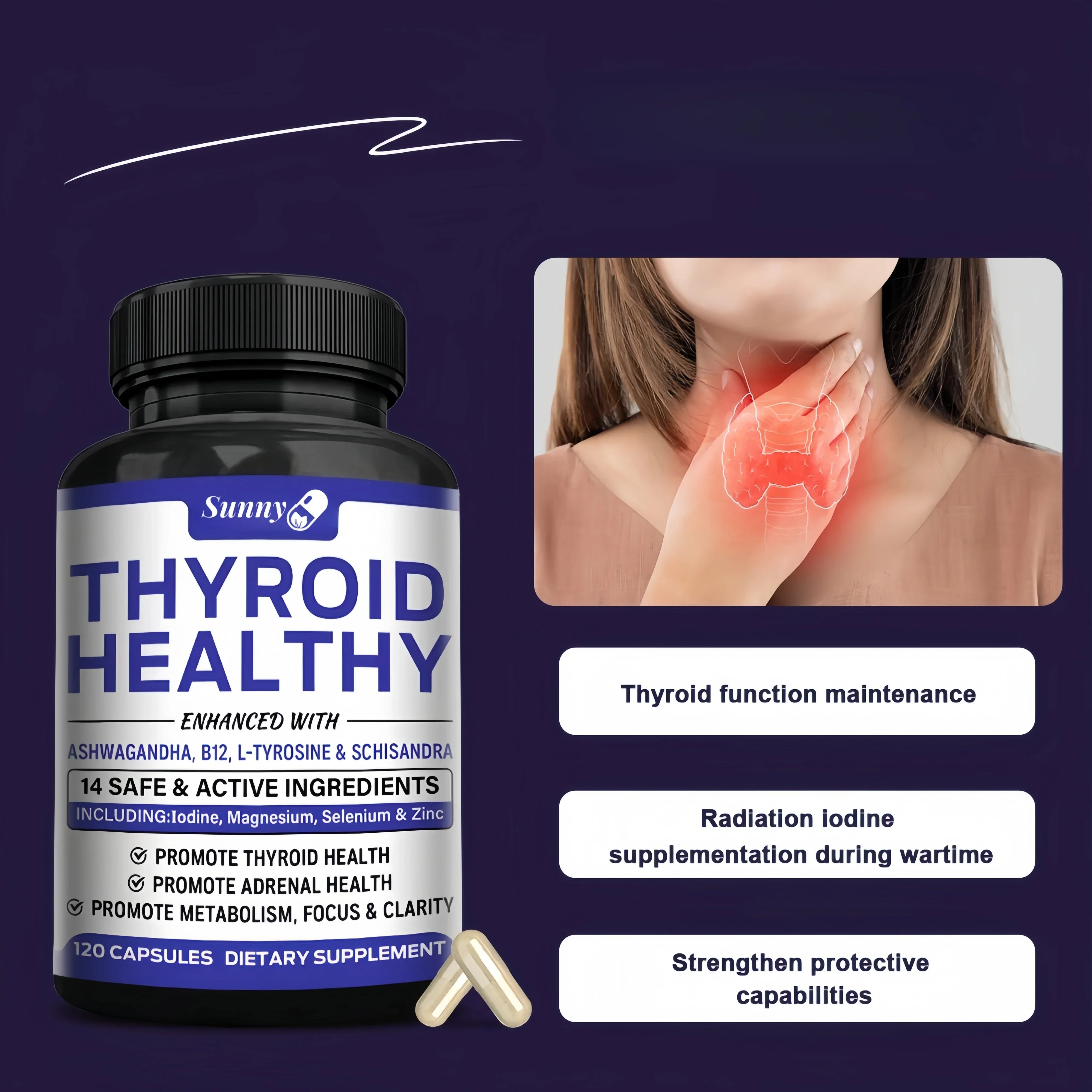 Cápsulas de Apoyo para la Tiroides - Mezcla de L-Tirosina, Yodo, Zinc y Schisandra, Promueve la Memoria, la Función Cognitiva, la Energía, la Concentración y el Metabolismo