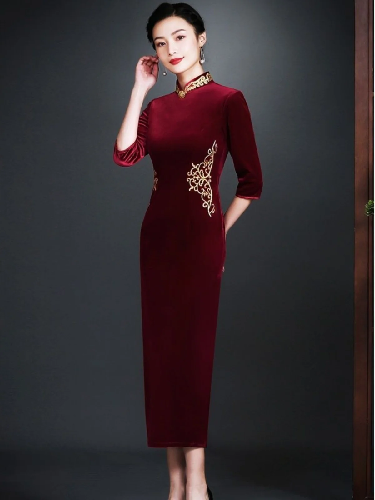 

Ele Gold Tead Embroidery Spring Autumn Young Mom Velvet Dr Wedding Ceremony Pure Color Retro Sle Midi Dr