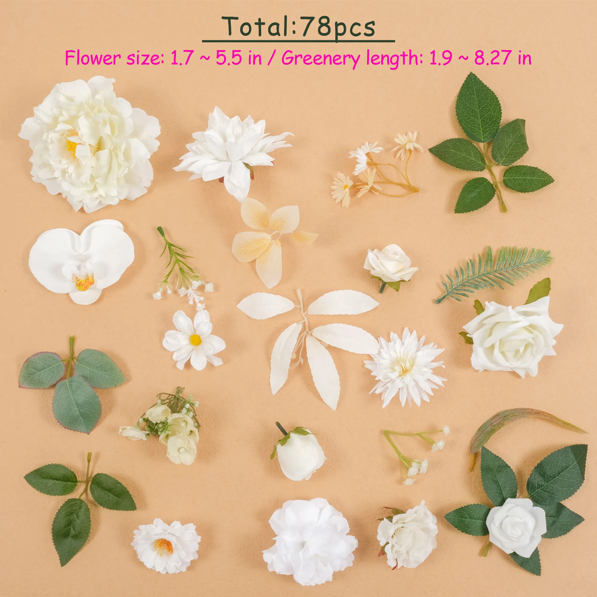 78PCS White Loose Artificial Silk Flower Head Green Leaf Combo Set For DIY Crafts Bouquet Wreath Wedding Party Decor Fake Flower