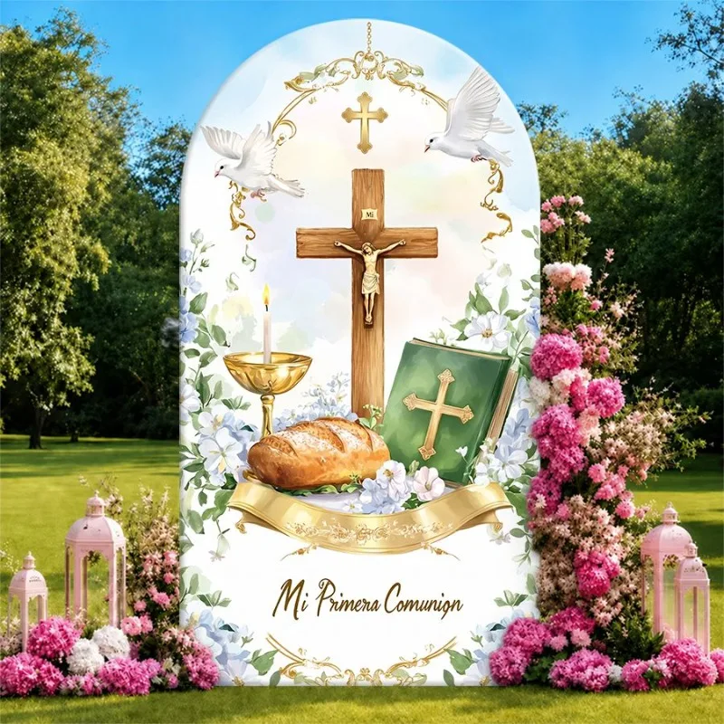 Single Side Arch Backdrop Cover Elegant First Communion Backdrop Featuring Wooden Cross with Crucifixion Scene Gold Chalice