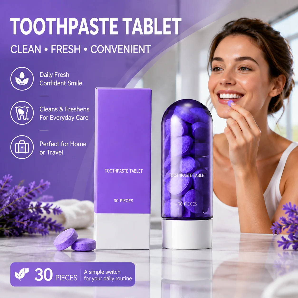 30pcs Purple Solid Toothpaste Tablets Mint Oral Care Tablets Toothpaste Alternative Portable Travel Toothpaste Tablets Oral Care