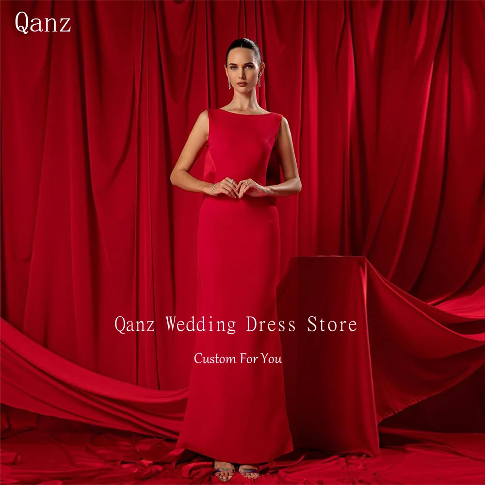 

Qanz Red Formal Occasion Dresses Customized Boat Neck Evening Dresses Mermaid Satin Backless with Large Bow Abendkleider Dubai