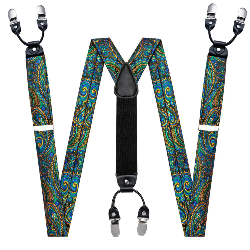 Fashion Paisley Green Silk Men Suspender Bowtie Handkerchief Cufflinks Set Y-Shape 6 Clips Party Wedding Business Barry.Wang