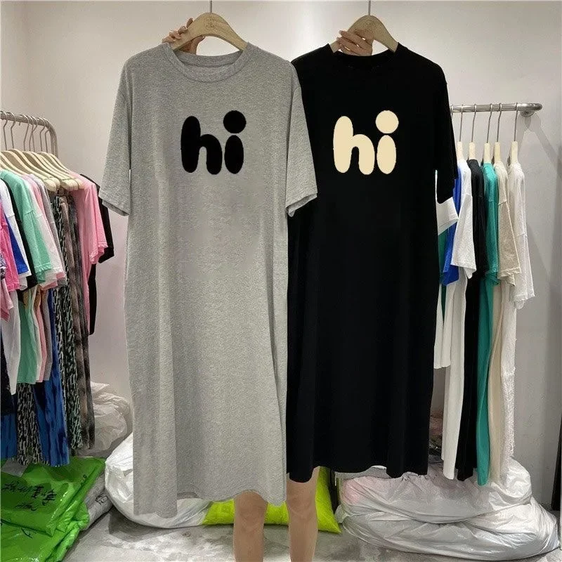 

New Women Hi Letter Printed Dresses Loose Casual Oversize Short Sleeve T-shirts Dresses O Neck Krean Fashion Dresses Nightdress