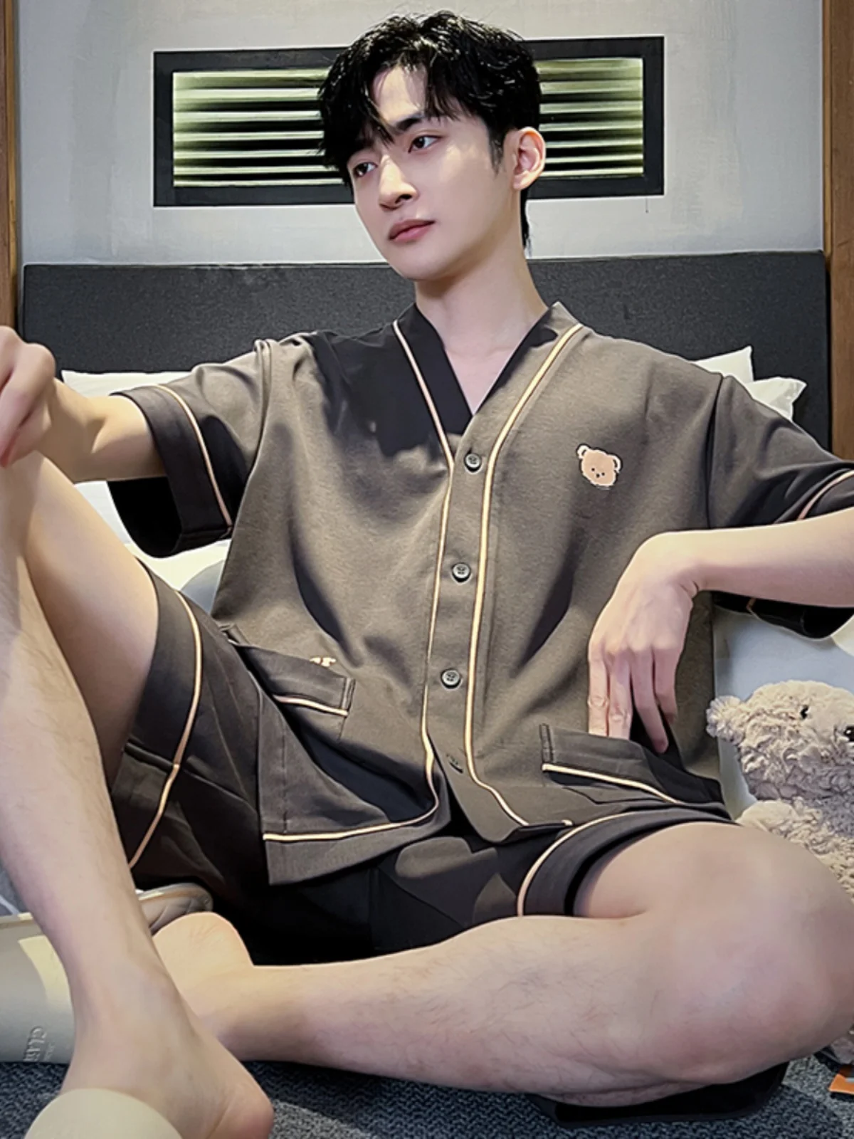 Men's Summer Sleepwear Short Sleeve Pure Cotton Open Cardigan Casual Loose Home Clothes Set V-neck Button Front Short Sleeve