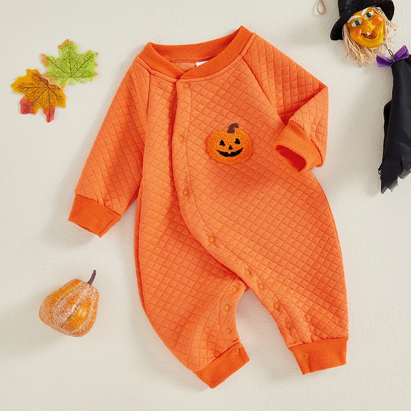 BULINGNA Newborn Baby Boy Girl Halloween Jumpsuit Coat Ghost Pumpkin Embroidery Button Up Romper Fall Winter  Outfit