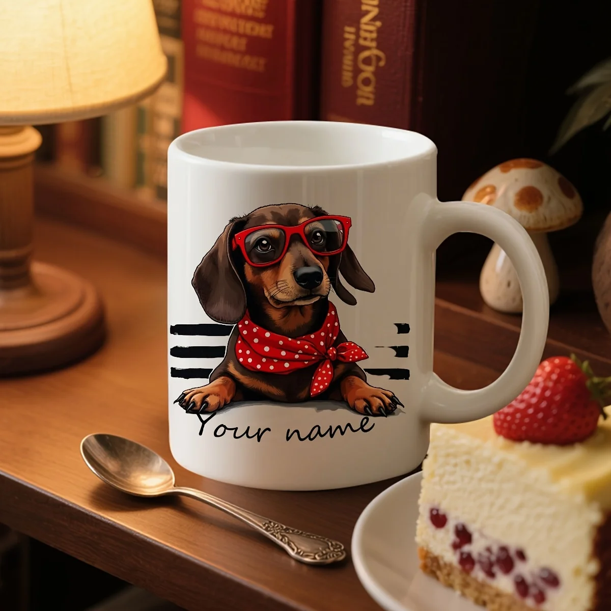 

Personalized Dachshund Mug a Custom Name Coffee Cup Featuring an Adorable Dog Red Glasses and a Scarf Perfect for Dog Lovers