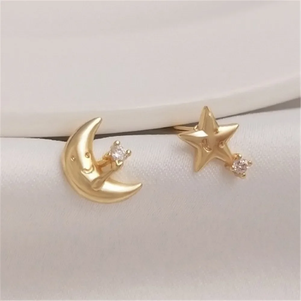 Zirconium Star Moon Silver Needle Earrings 14K Gold Star Moon Face 925 Silver Fungus Needles Simple Light Luxury Earrings