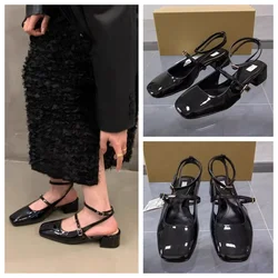 TRAF Woman's Black Leather Heels Chic Double Buckle Strap Leather Shoes Vintage Ankle Buckle Mary Jane Shoes Women Wedding Shoes