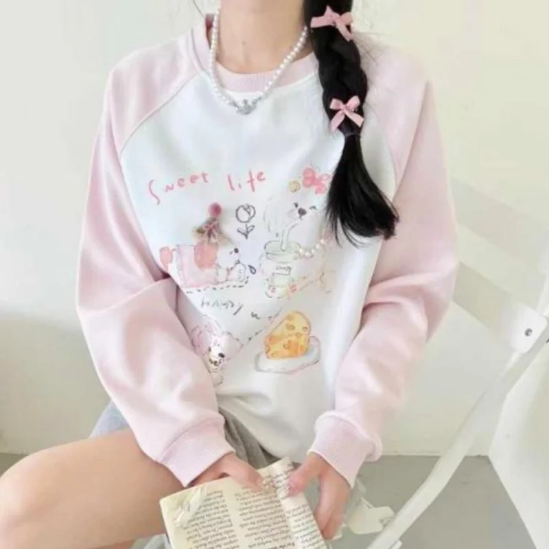 Harajuku Cute Retro Dog Printed Hoodie Women Preppy Style Teens Long Sleeve Sweatshirt Pullover Korean Sweet Girl Loose Oversize