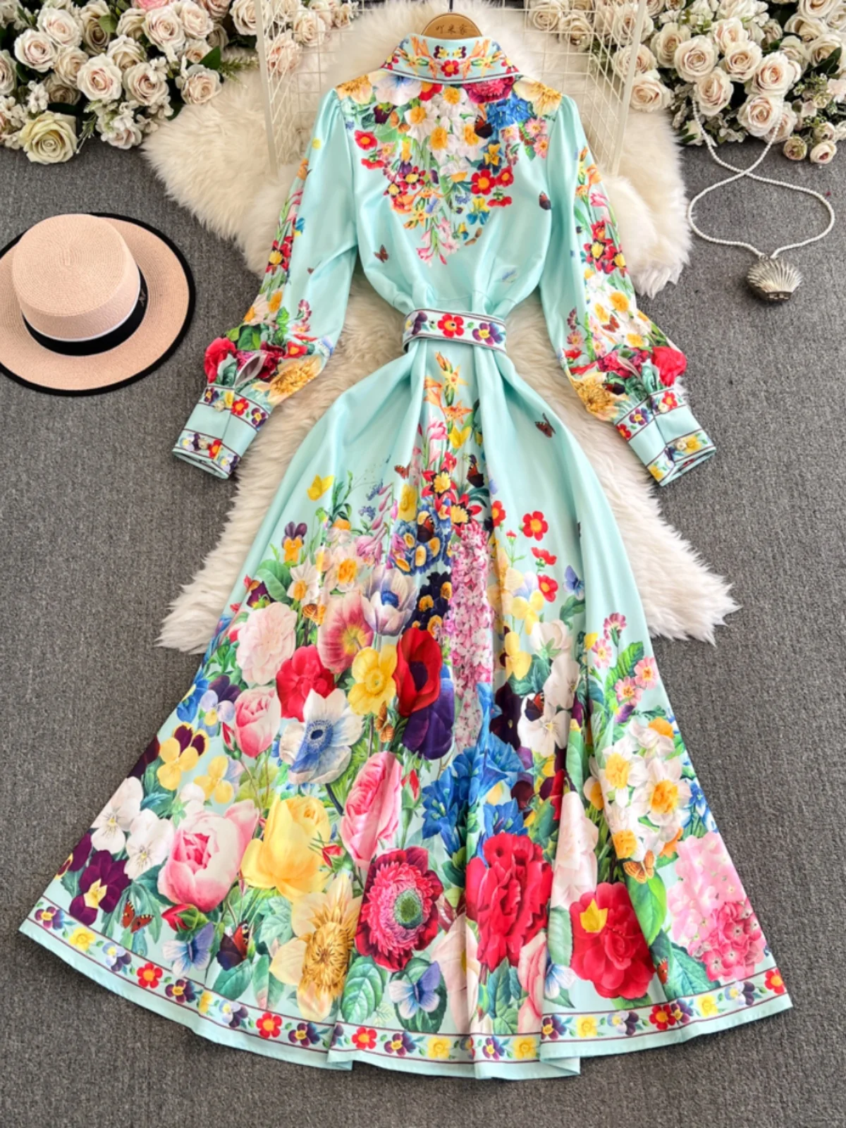 Frühlings-Blumen-Serie, lang, schmale Passform, Dr-Knopfdetail, irt-Kragen, Laterne, Swe, bedruckt, hohe Taille, mittlere Länge, A-Linie Dr