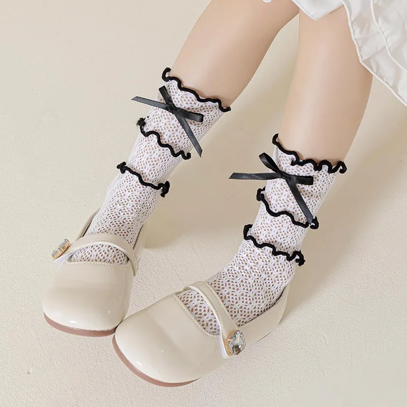 Women's mid-calf mesh thin breathable lace socks with Mary Jane lace trim, hollow-out lace, and bowknots.
