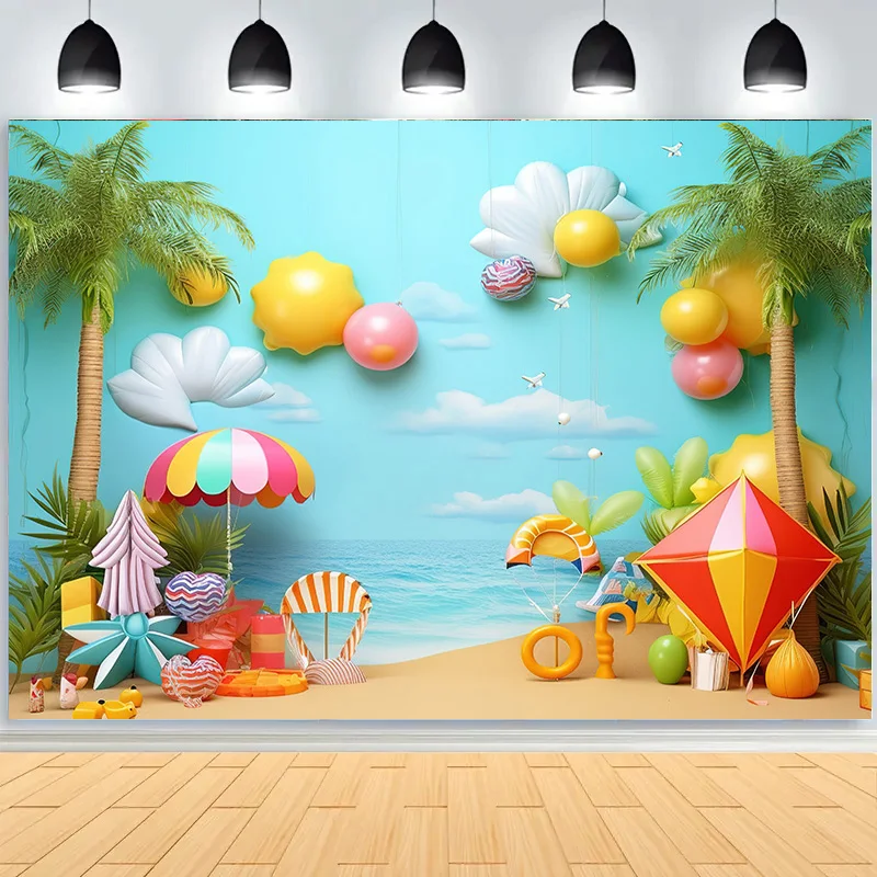 Tropical Holiday Flamingo Ocean Scenery Photography Backdrops Prop Palm-Trees Beach Touris Birthday Party Photo Background HN-03