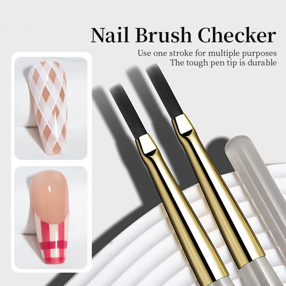 2pcs Thin Striping & Checker Painting Tool Kit Ombre Nail Art Brush Liner for Acrylic Nails Manicure Detail & Gradient Effects