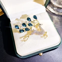 Fashion Full Rhinestone Deer Brooches For Women New Year Blue Crystal Animal Lapel Pins Christmas Jewelry