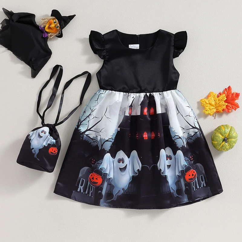 

Child Girl Halloween Costume Cute Pumpkin Print Short Sleeve Round Neck Dress Matching Headband and Tote Bag