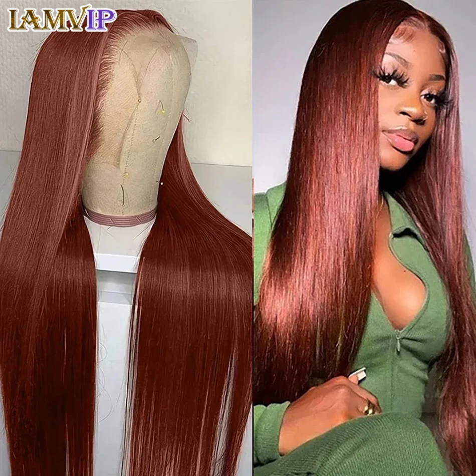 

220% 30 36 Inch 13x4 13x6 ront Straight 100% Real Glueless Wigs #33 Reddish Brown Colored Human Hair Wigs For Women Transparent
