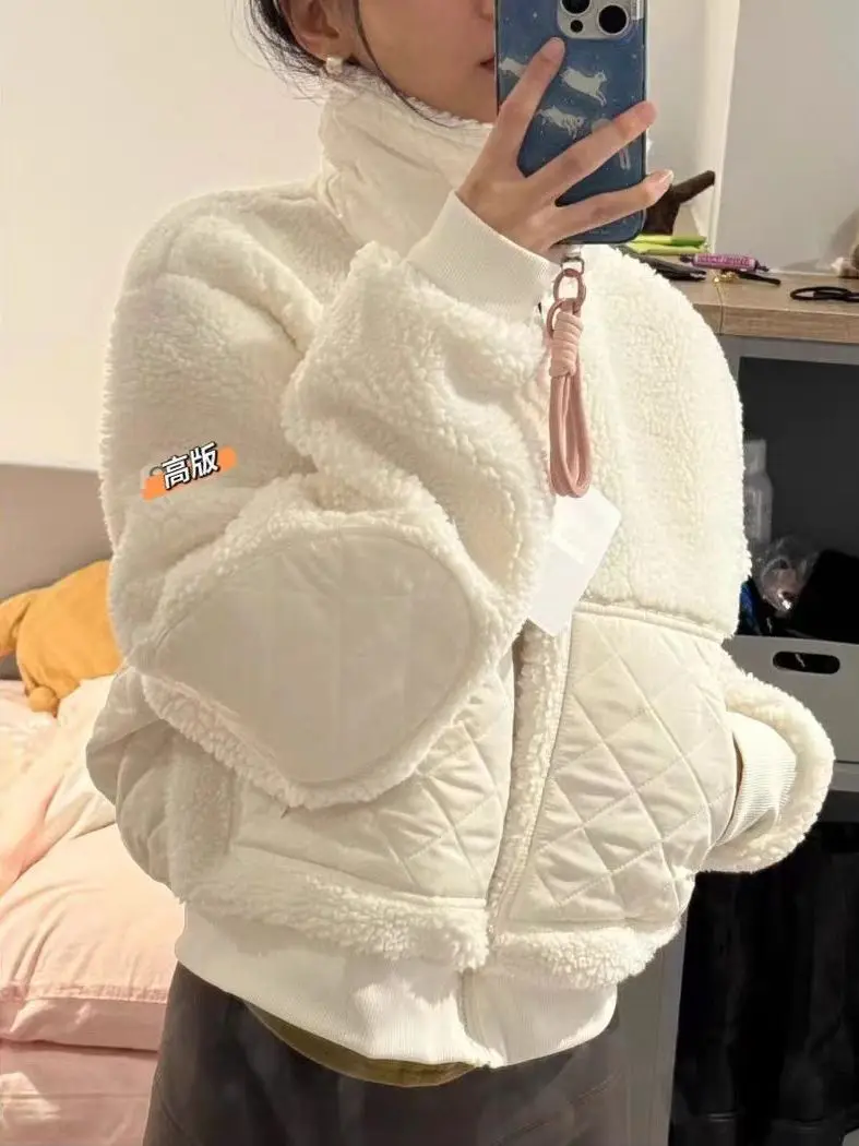 

ALOANGT Women's Brown Lamb Fur ort Jaet Autumn Winter Warm Spor Casual Stand Collar Zipper Coat Thiened Chinese Origin