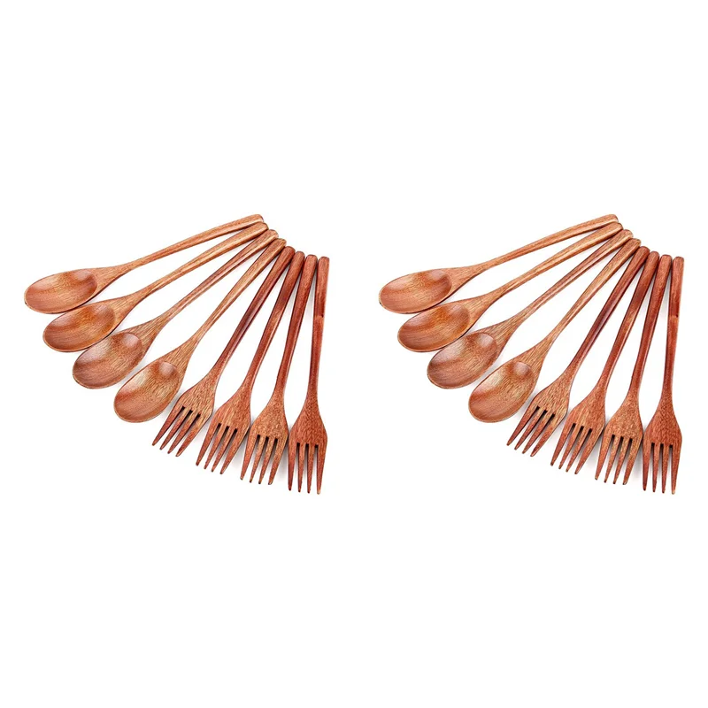 

16Pcs Wooden Spoons Forks Set, Japanese Style Wooden Utensil Set, Handmade Kitchen Spoon, Reusable Travel Flatware Set B