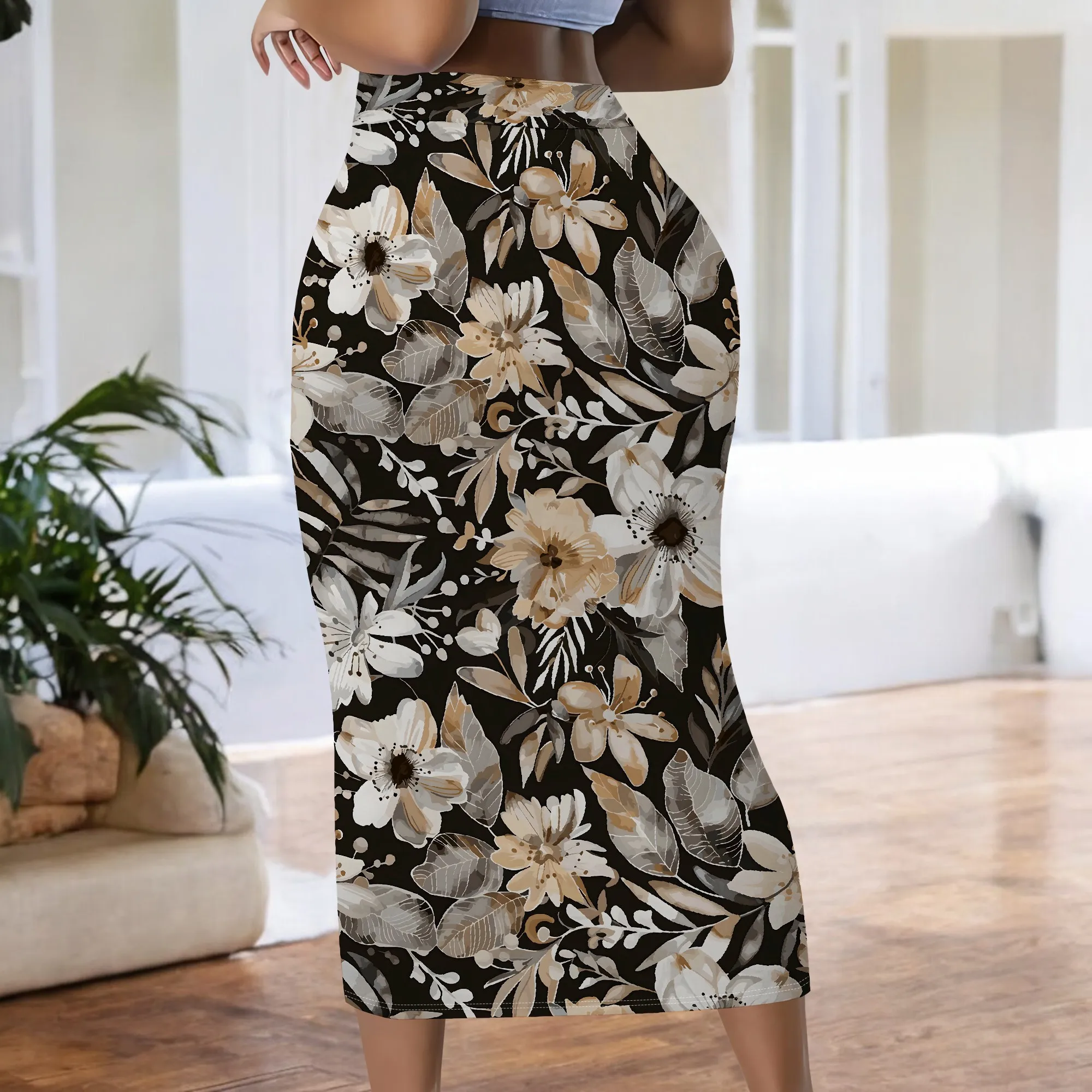 Blumendruck, Midirock, Schwarze Basis, Beige Blumen, Hohe Taille, Bleistiftschnitt, Bürokleidung, Party-Outfit, S-2XL – Detail 6
