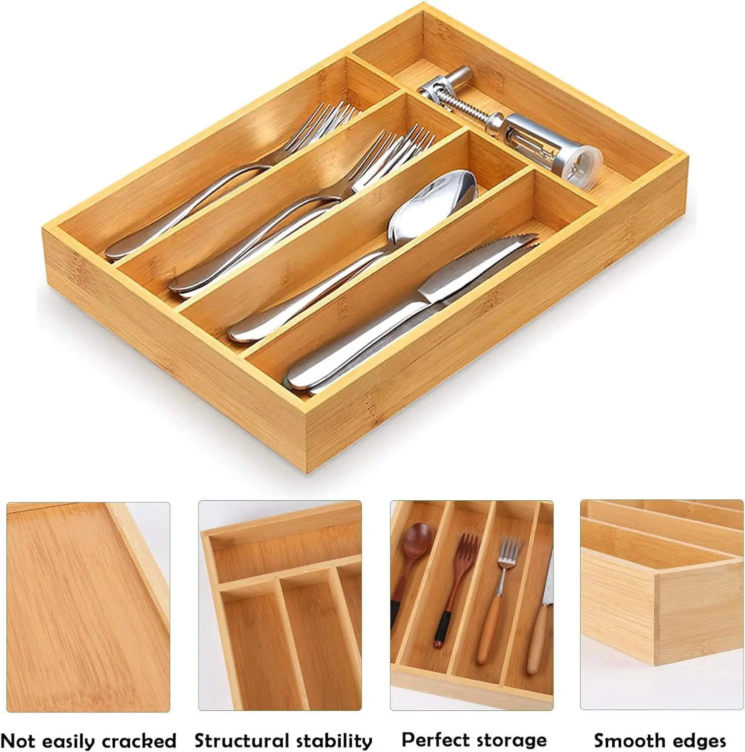 Cutlery Storage Box,Bamboo Expandable Silverware Kitchen Drawer Organizer, Knives Fork Spoons Block Holder Drawer Storage