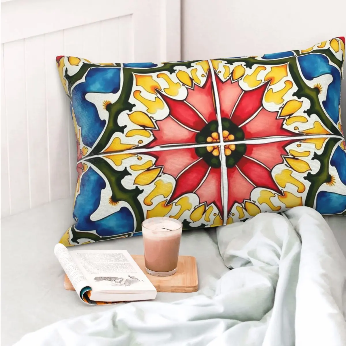 Mediterraner, farbenfroher, lebendiger Mosaikfliesen-Kunst-Kissenbezug, rechteckig, dekorativer Kissenbezug für Schlafzimmer, Bett, Zuhause