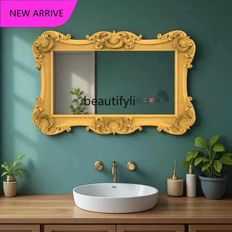 French retro bathroom mirror wall hanging, carved washstand, European enigma mirror special-shaped decorative mirror6239