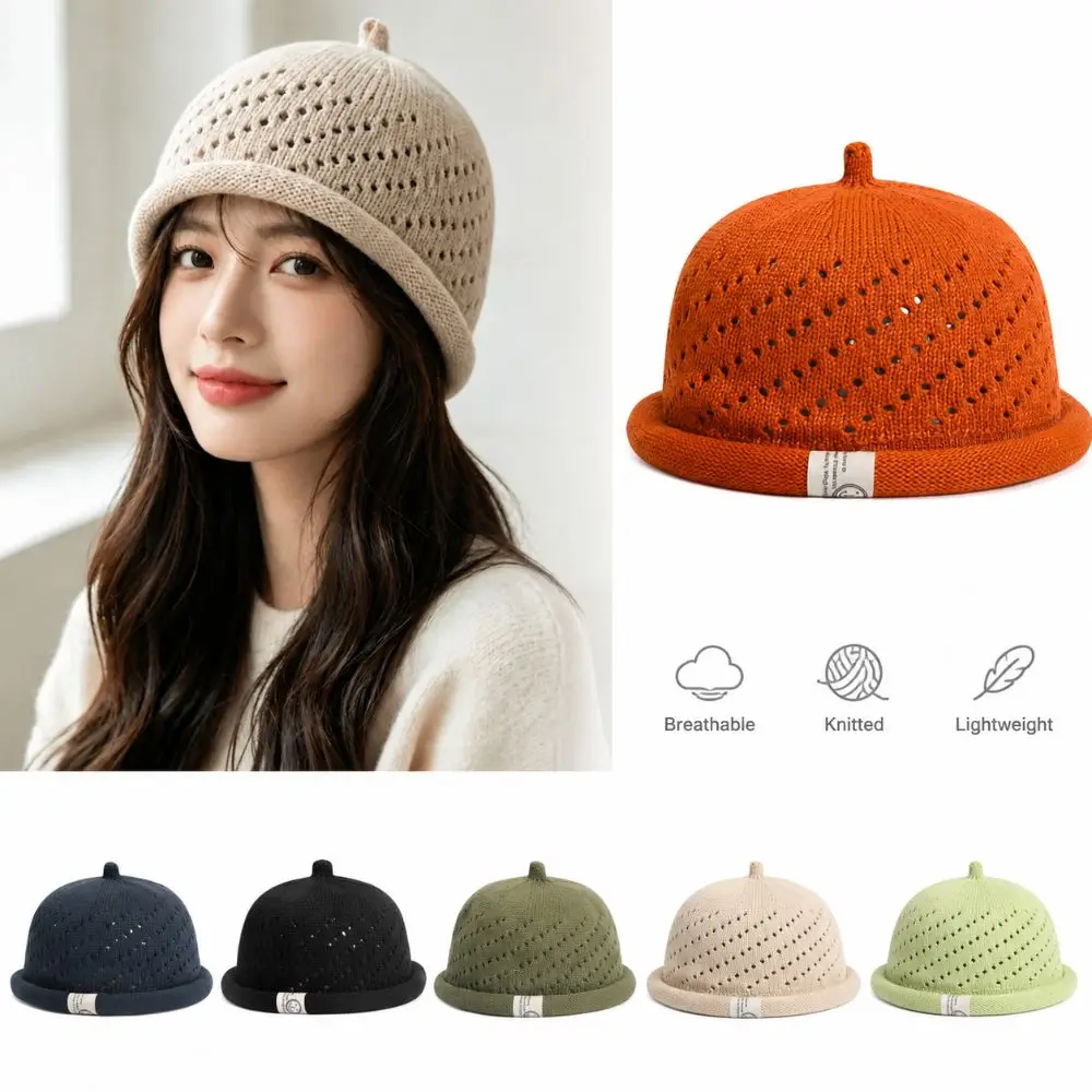 Fashion Mesh Beanie Hats Breathable Rolled Edge Knitted Hats Solid Color Outdoor Wear Bucket Hats All Season