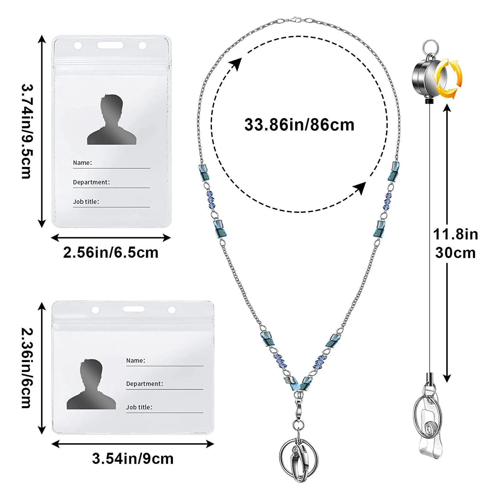 3 Pcs Retractable Badge Reels Lanyard with Name Card ID Holder for Beaded Badge Lanyard Necklace
