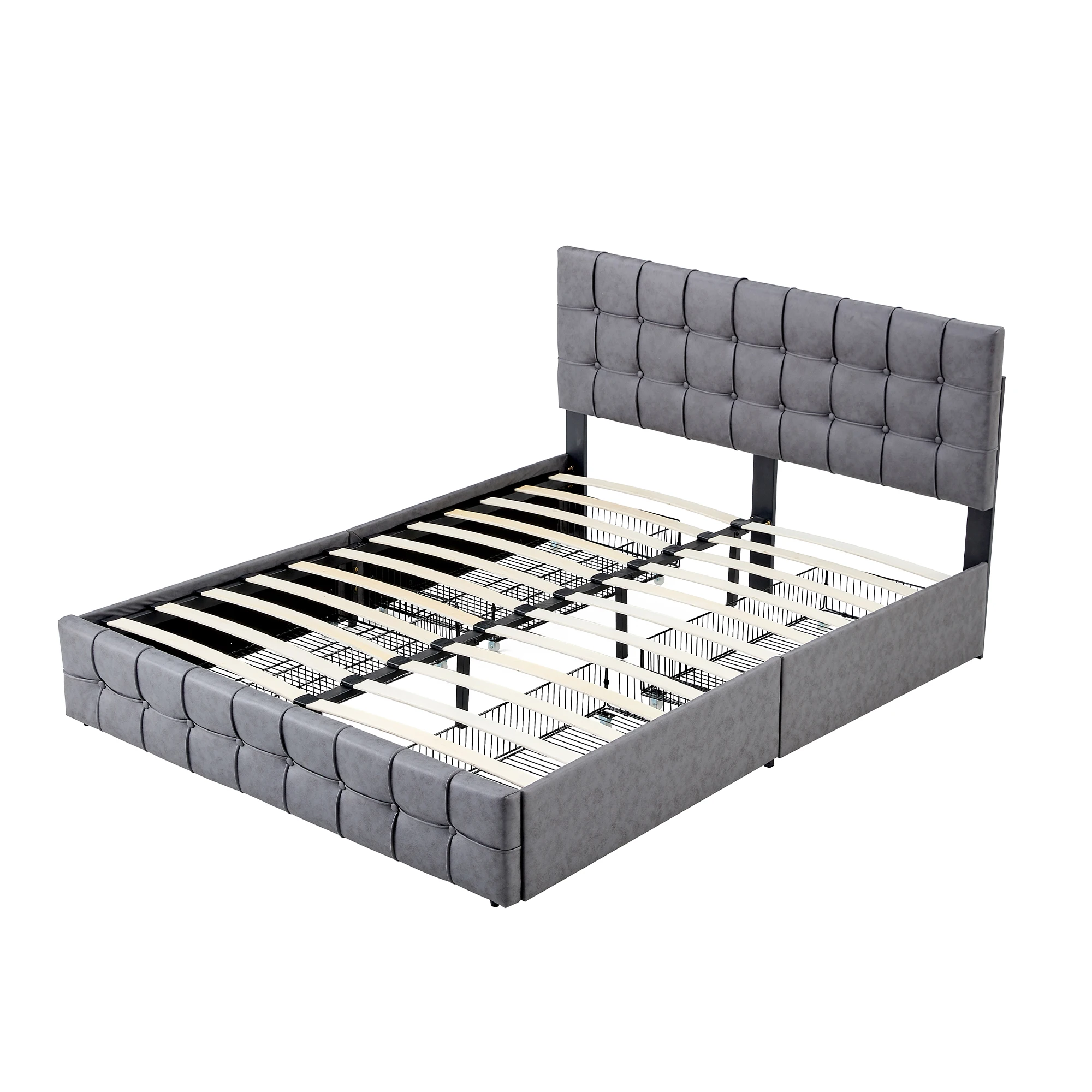 Queen Size Grey Tech cloth Button Embedded Adjustable Headboard Height Upholstered Platform Bed Frame with 4 Storage Drawers