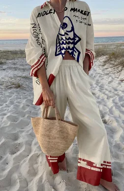

Boho Beach Holiday Print Shirt And Pants Two Pieces Sets Women Csaual Loose Long Sleeve Button Shirts Outfits Summer Pants Sets