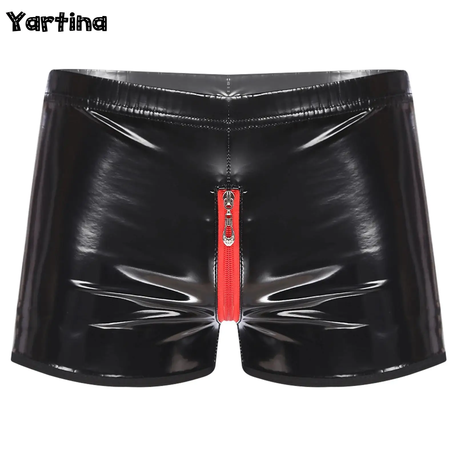 

Mens Glossy Patent Leather Tights Boxer Shorts Elastic Waist Zipper Button Zipper Open Crotch Boxer Underwear Fancy Nightwear
