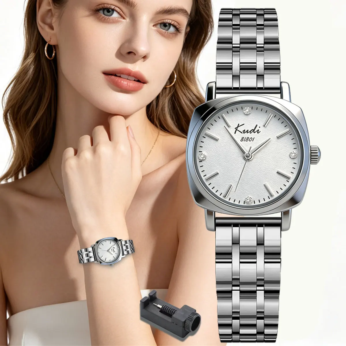 KUDI Fashion Rhinestone Ladies Watch Stainless Steel With Analog Quartz Watch Luxury Business Women's Watch