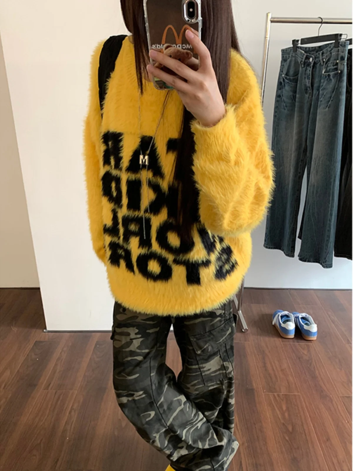 

Thiened Camere Letter Men's Sweater Winter High-End Lazy Faion Mink Knitted American Fur Coat Comfortable Fit Long Sve