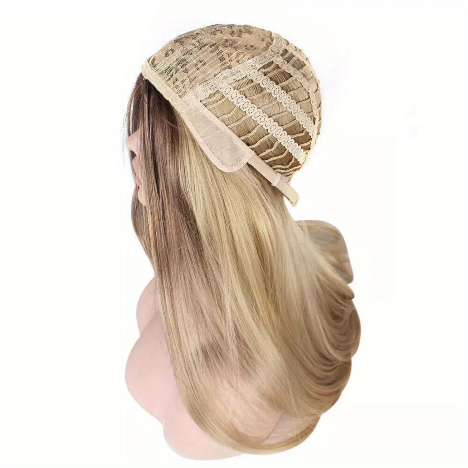 WIGS Women\'s Basic Straight Long Wig - High-Temperature Fiber, Natural Gradient Gold, Middle Part, High Density 150 Rose Net Cap