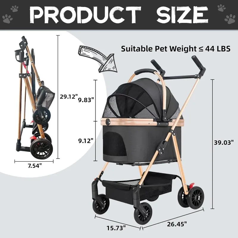 Pet Stroller,Foldable Dog Jogger Stroller,Foldable Pet Travel Carrier,3 in 1 Folding Dog Stroller,Easy Lock NO-Zip Canopy