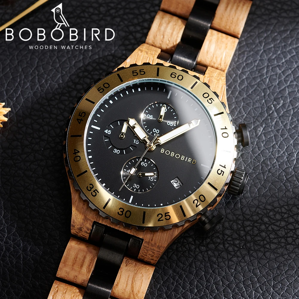 

Custom Men's Wood Watch Luxury Chronograph Quartz Sports Wristwatch Clock BOBO BIRD Walnut Wooden Watches for Men Dropshipping
