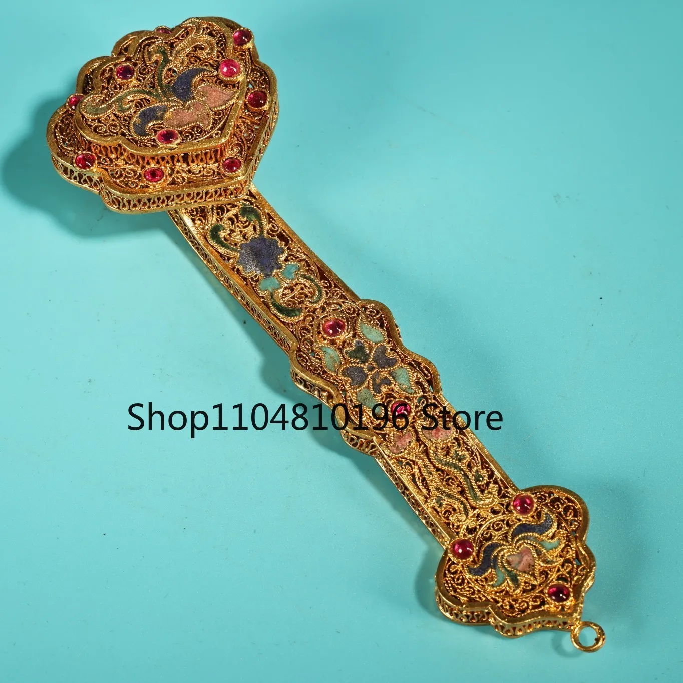 Tibetan Silver Gilded Filigree Mosaic Gem Floral Pattern Ruyi Screen Ornaments